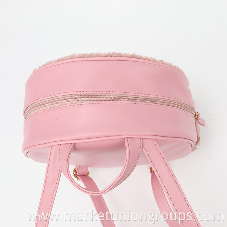 Cute Pink Cylinder Wool Winter Lambs PU Sherpa Soft Backpack Lady Girl Rabbit Tote Bag